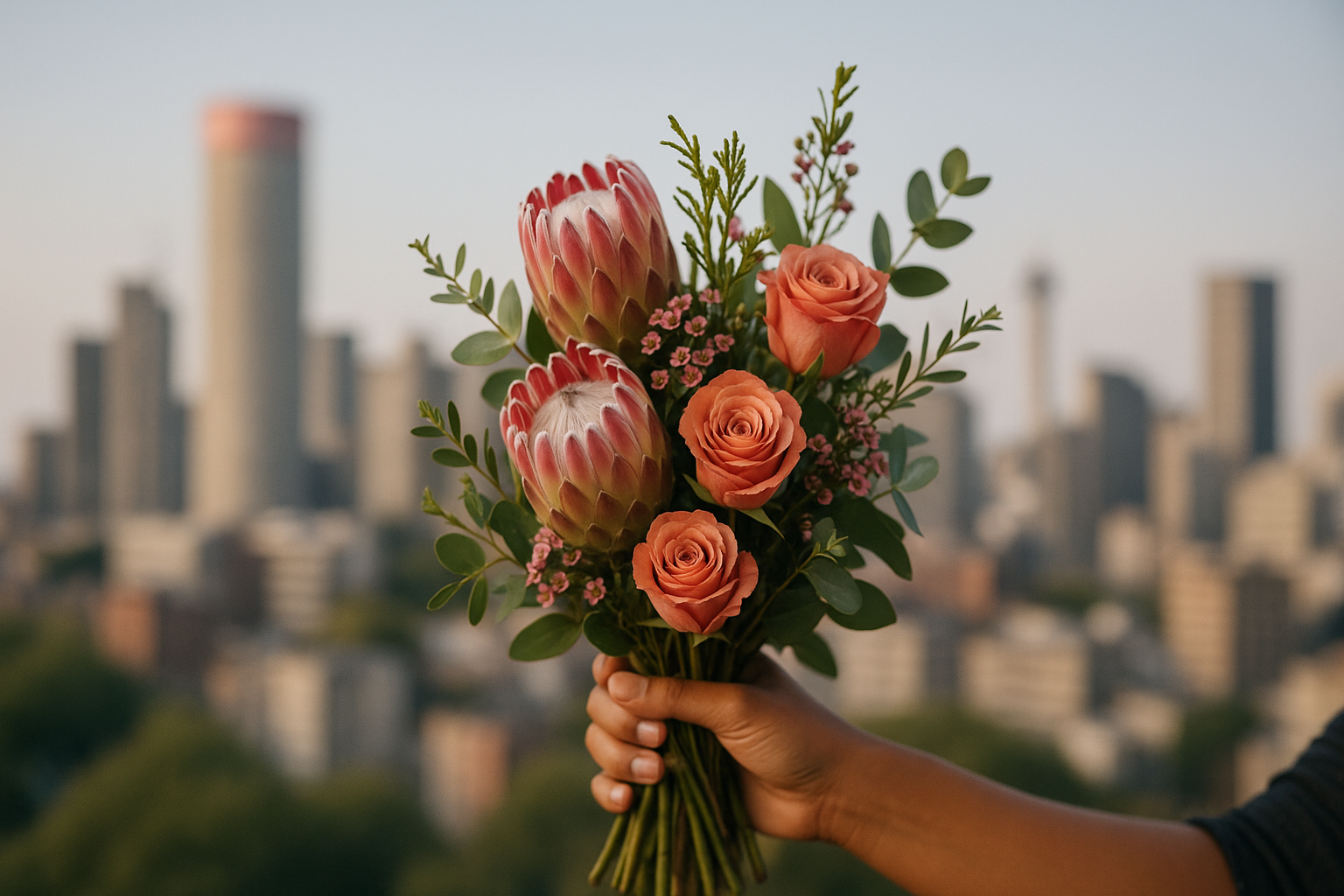 Hand holding a vibrant flower bouquet in Johannesburg city with cityscape background